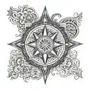 A mandala design incorporating the symbols of karma, artha, dharma, and moksha, with a compass at the center tattoo design idea