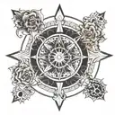 A mandala design incorporating the symbols of karma, artha, dharma, and moksha, with a compass at the center tattoo design idea