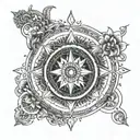 A mandala design incorporating the symbols of karma, artha, dharma, and moksha, with a compass at the center tattoo design idea