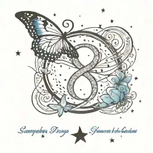 infinity sign leading into a butterfly, with stars in the background. lyrics of a song, something symbolizing yin/yang  tattoo design idea
