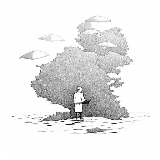 A peaceful beach landscape with a silhouette of a lawyer reading a book under a tree tattoo design idea