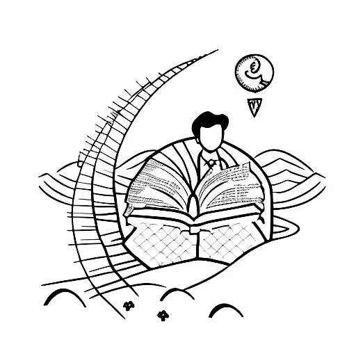 A peaceful beach landscape with a silhouette of a lawyer reading a book under a tree tattoo design idea