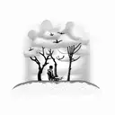 A peaceful beach landscape with a silhouette of a lawyer reading a book under a tree tattoo design idea