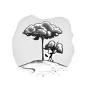 A peaceful beach landscape with a silhouette of a lawyer reading a book under a tree tattoo design idea