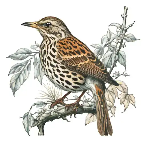 song thrush bird sitting between the brunches and leaves by the water tattoo design idea