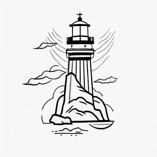 A minimalist tattoo of a lighthouse standing tall, symbolizing your role as a guiding figure and protector for your cousins Avery, Kate, Ryan, and Charlie. tattoo design idea