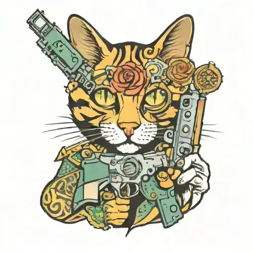 cat with guns money drugs tattoo design idea