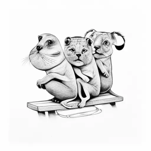 3 adult male friends on a bench from behind & bachha party written on the bench tattoo design idea