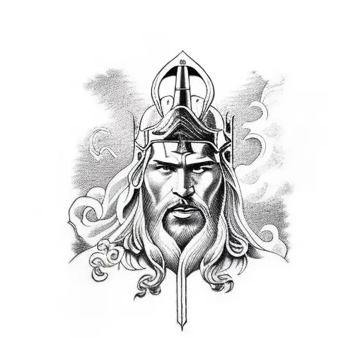 thor, zeus, jesus, homem forte com espada na mão tattoo design idea