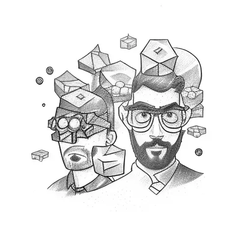 A sketch-style tattoo of a group of friends playing a tabletop game, with each friend representing a different personality and wearing glasses. tattoo design idea