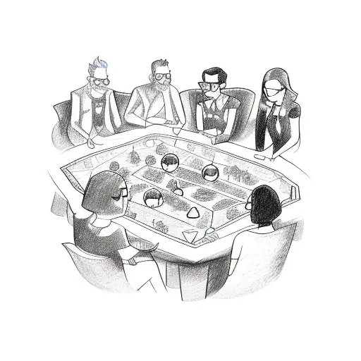 A sketch-style tattoo of a group of friends playing a tabletop game, with each friend representing a different personality and wearing glasses. tattoo design idea