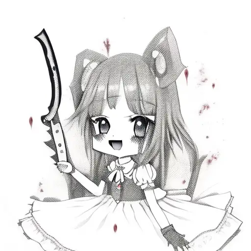 OmgKawaiiAngel from Needy Streamer Overload in a gothic Lolita maid dress holding a chainsaw covered in blood tattoo design idea