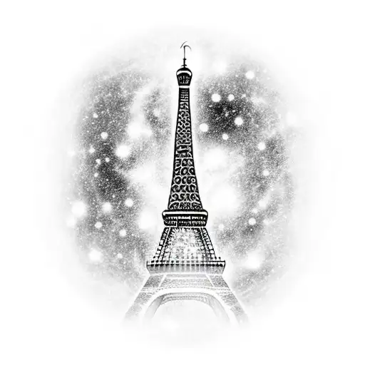 A realistic black and white silhouette of the Eiffel Tower with stars and galaxies inside tattoo design idea