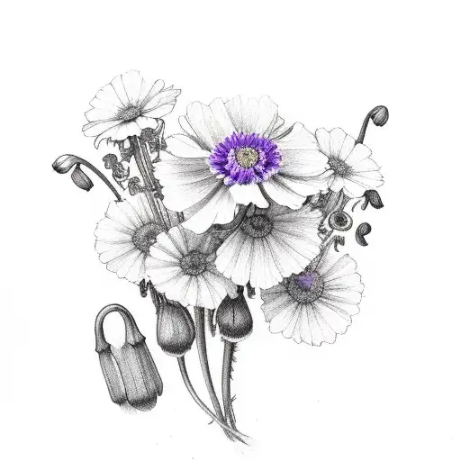 bouquet of carnation, violet, lily of the valley, poppy, aster and crysanthemum tattoo design idea