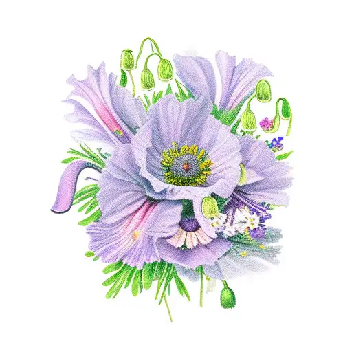 bouquet of carnation, violet, lily of the valley, poppy, aster and crysanthemum tattoo design idea