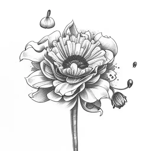bouquet of carnation, violet, lily of the valley, poppy, aster and crysanthemum tattoo design idea