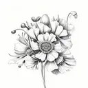 bouquet of carnation, violet, lily of the valley, poppy, aster and crysanthemum tattoo design idea