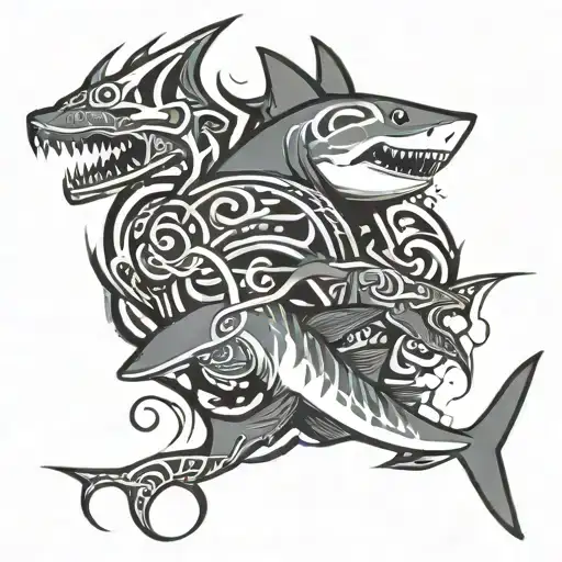 tribal and shark emerging tattoo design idea
