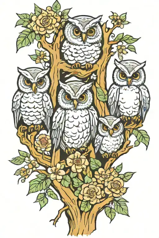 mom owl with 3 baby owls with cypress trees and flowers growing   tattoo design idea