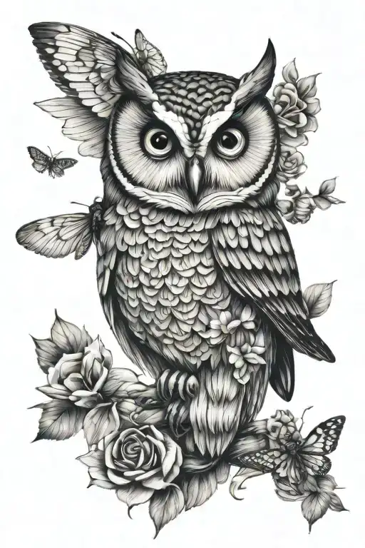 mom owl with 3 babies, dragonfly flying, bumblebees  tattoo design idea