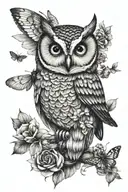 mom owl with 3 babies, dragonfly flying, bumblebees  tattoo design idea