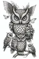 mom owl with 3 babies, dragonfly flying, bumblebees  tattoo design idea