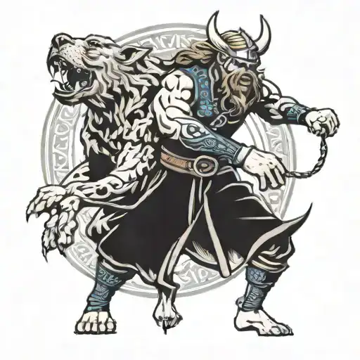 Viking boy gymnast fighting against cerberus dog tattoo design idea