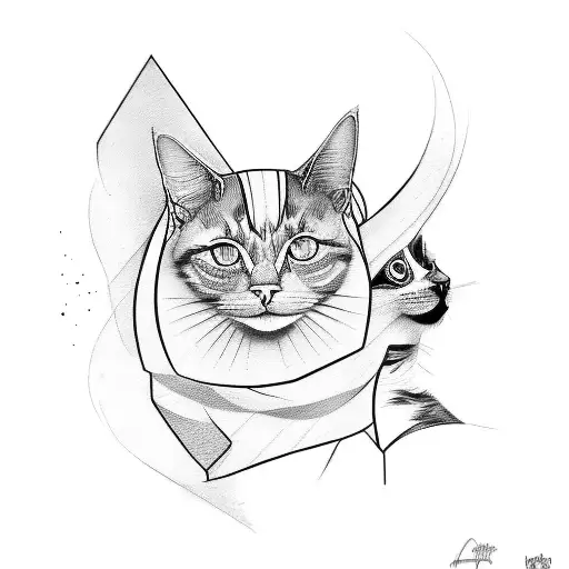 A sketch-style tattoo featuring a pop art representation of an Egyptian woman with a cat, dog, and duck tattoo design idea