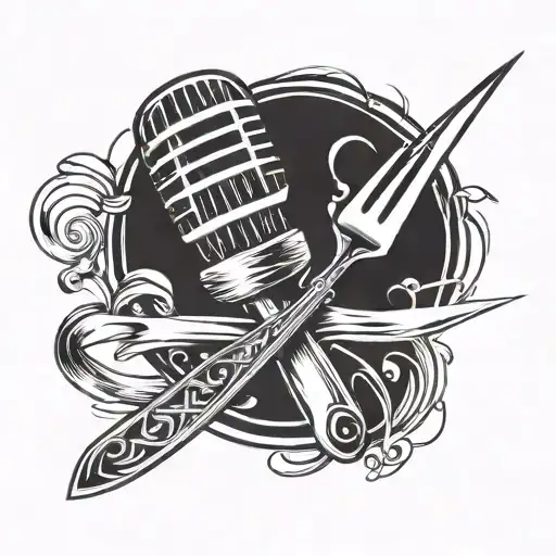 A stylized microphone intertwined with a chef's knife and fork, symbolizing the client's love for music and cooking tattoo design idea