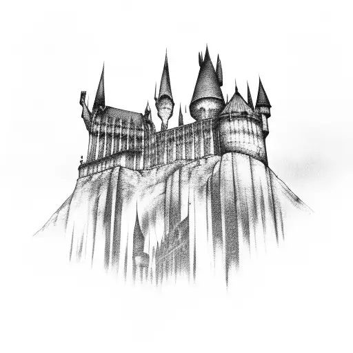 harry potter castle silhouette, dementors, dobby, deathly hallows, elder wand tattoo design idea