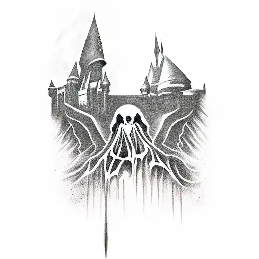 harry potter castle silhouette, dementors, dobby, deathly hallows, elder wand tattoo design idea