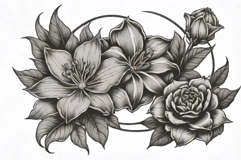 2 large water Lillie's, large morning glory, large daisy, small captain America shield, scarlet witch crown  tattoo design idea