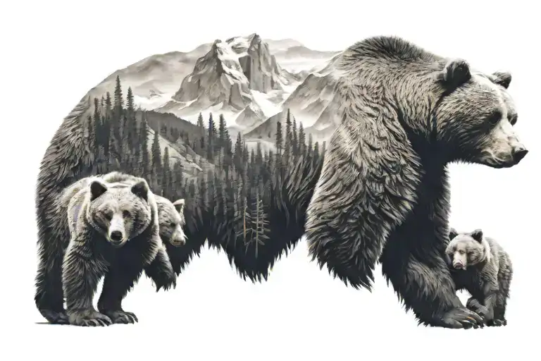 a large bear torso, and on the sides there are two bear cubs, and against the backdrop of a mountain there are trees,  tattoo design idea