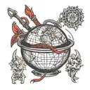 Wok pan cooking a globe with red chili peppers, a compass, a heart, and a brain tattoo design idea