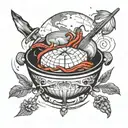 Wok pan cooking a globe with red chili peppers, a compass, a heart, and a brain tattoo design idea