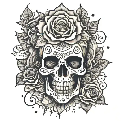 Skull and roses with intricate mandala patterns inspired by daggers tattoo design idea