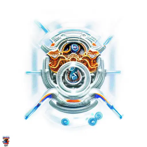 Futuristic biomechanical tattoo with shiny metallic orange blue colors tattoo design idea