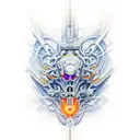 Futuristic biomechanical tattoo with shiny metallic orange blue colors tattoo design idea