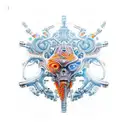 Futuristic biomechanical tattoo with shiny metallic orange blue colors tattoo design idea