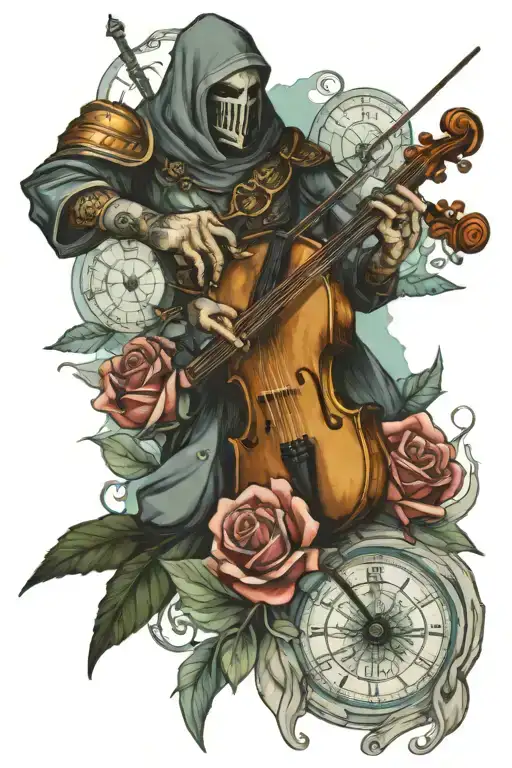 crusader playing the violin, the ocean, tortoise, roses, clocks tattoo design idea