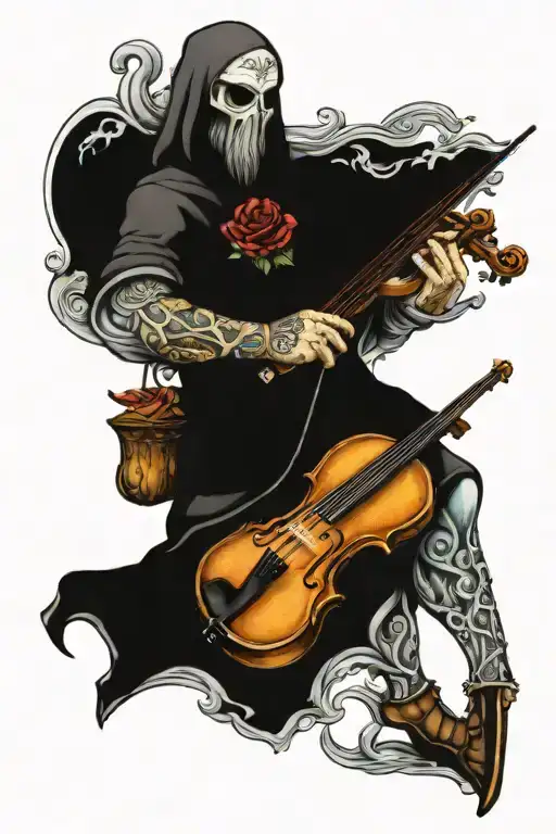 crusader playing the violin, the ocean, tortoise, roses, clocks tattoo design idea
