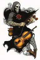 crusader playing the violin, the ocean, tortoise, roses, clocks tattoo design idea