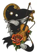 crusader playing the violin, the ocean, tortoise, roses, clocks tattoo design idea