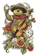crusader playing the violin, the ocean, tortoise, roses, clocks tattoo design idea