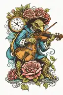 crusader playing the violin, the ocean, tortoise, roses, clocks tattoo design idea