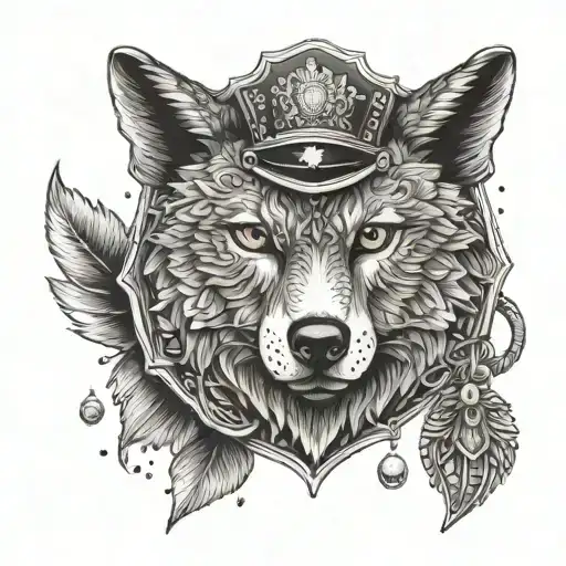 A dotwork tattoo of a police badge with a wolf and owl intertwined, symbolizing protection and wisdom tattoo design idea