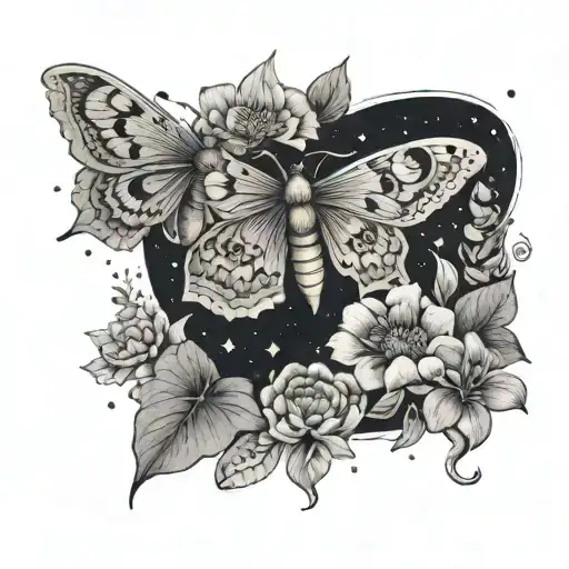 moth and moon with flowers growing tattoo design idea