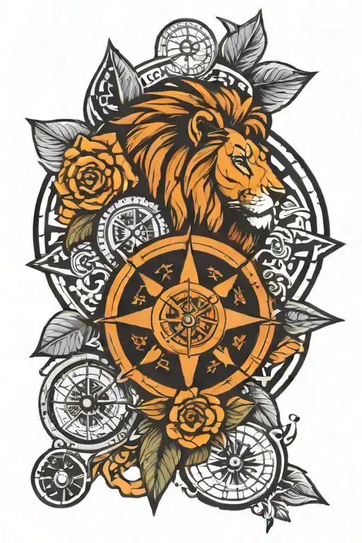 shoulder tattoo with cross, lion, compass and Colombian coordinates  tattoo design idea