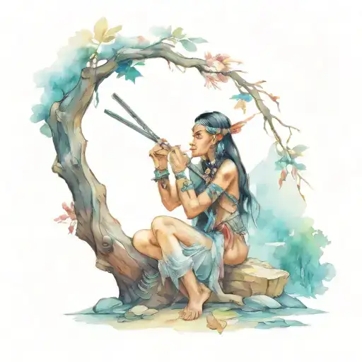 colored Native American woman who plays the flute over a trunk near the river tattoo design idea