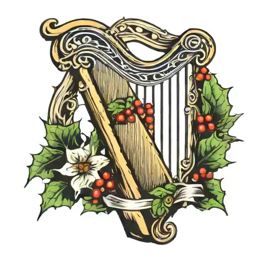 Harp with Holly leaf tattoo design idea